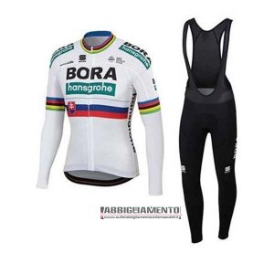 Abbigliamento UCI Mondo Campione Bora 2020 Manica Lunga e Calzamaglia Con Bretelle Bianco