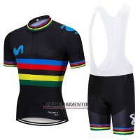 Abbigliamento UCI Mondo Campione Movistar 2019 Manica Corta e Pantaloncino Con Bretelle Nero