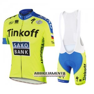 Abbigliamento SaxoBank 2016 Manica Corta E Pantaloncino Con Bretelle Giallo E Blu