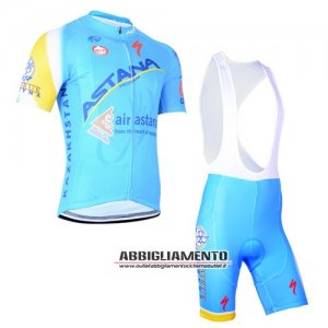 Abbigliamento Astana 2014 Manica Corta E Pantaloncino Con Bretelle Blu E Giallo