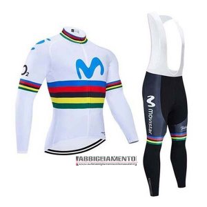 Abbigliamento UCI Mondo Campione Movistar 2020 Manica Lunga e Calzamaglia Con Bretelle Bianco Blu