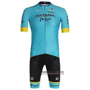 Abbigliamento Astana 2020 Manica Corta e Pantaloncino Con Bretelle Giallo Blu