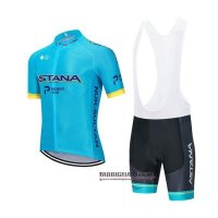 Abbigliamento Astana 2020 Manica Corta e Pantaloncino Con Bretelle Blu Giallo
