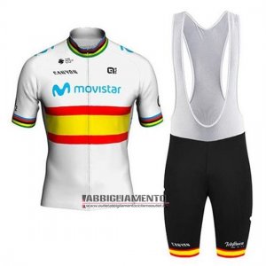 Abbigliamento Movistar Campione Spagna 2020 Manica Corta e Pantaloncino Con Bretelle Bianco