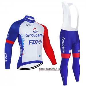 Abbigliamento Groupama-FDJ 2021 Manica Lunga e Calzamaglia Con Bretelle Blu Bianco Rosso