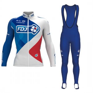 Abbigliamento FDJ 2017 Manica Lunga e Pantaloncino Con Bretelle bianco