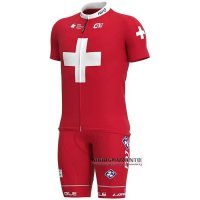 Abbigliamento Groupama-FDJ Campione Svizzera 2020 Manica Corta e Pantaloncino Con Bretelle