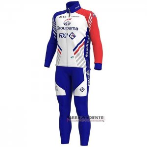 Abbigliamento Groupama-FDJ 2020 Manica Lunga e Calzamaglia Con Bretelle Bianco Scuro Blu Rosso